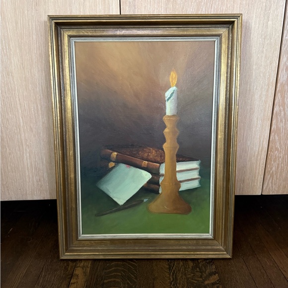 Vintage Still Life Painting Candle & Books Original Oil Painting
